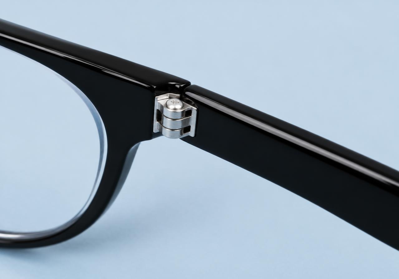 Detalle de bisagra metálica en una montura de acetato negro