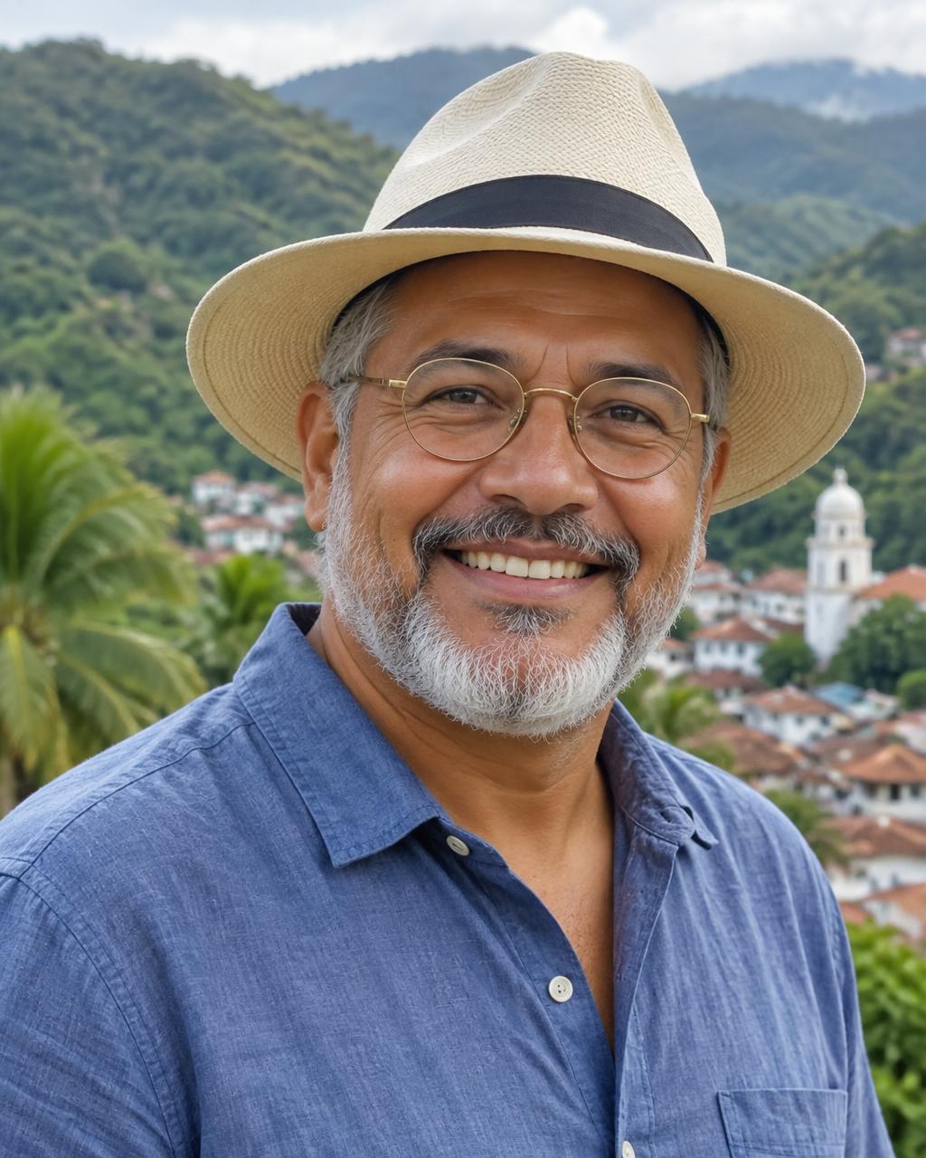 Hombre sonriente con lentes redondos dorados en Boquete